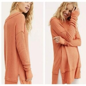 New NWT Free‎ People North Shore Thermal Tunic Shirt Bright Coral Orange M